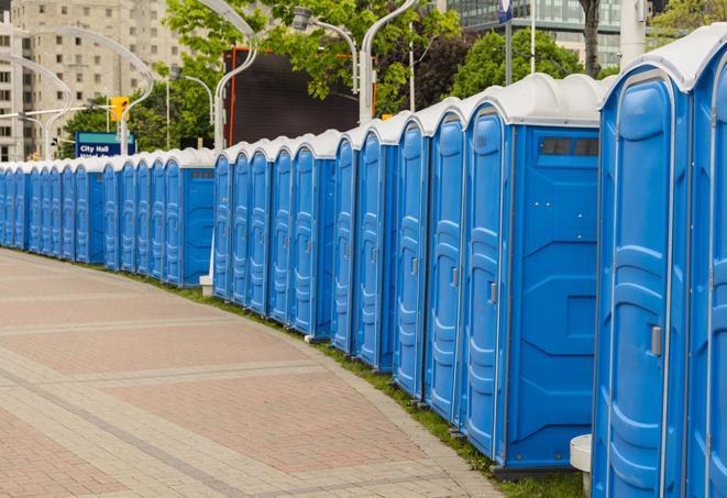 a row of sleek and modern portable restrooms at a special outdoor event in Anaheim